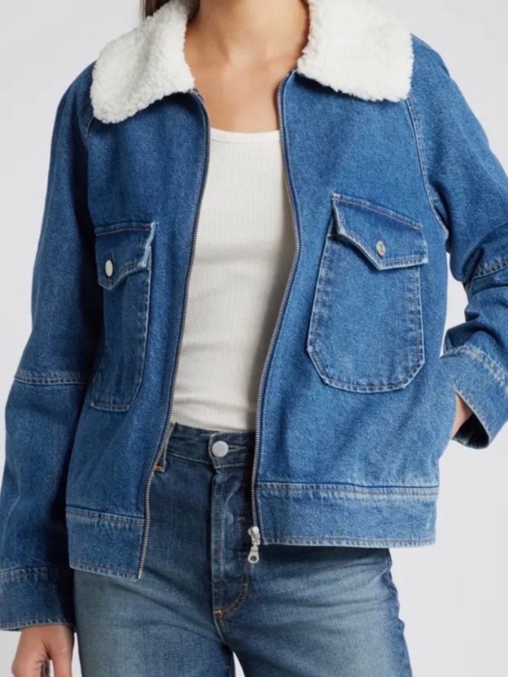 Rails Cheyenne Jacket Women M Blue Denim Sherpa Collar Full Zip Pockets Lined